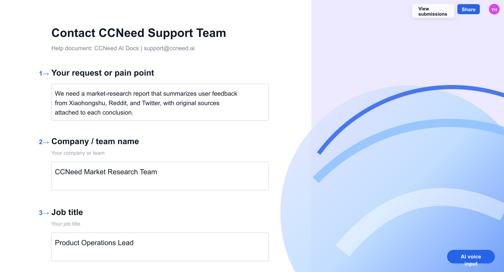 Example of a CCNeed enterprise custom service request form